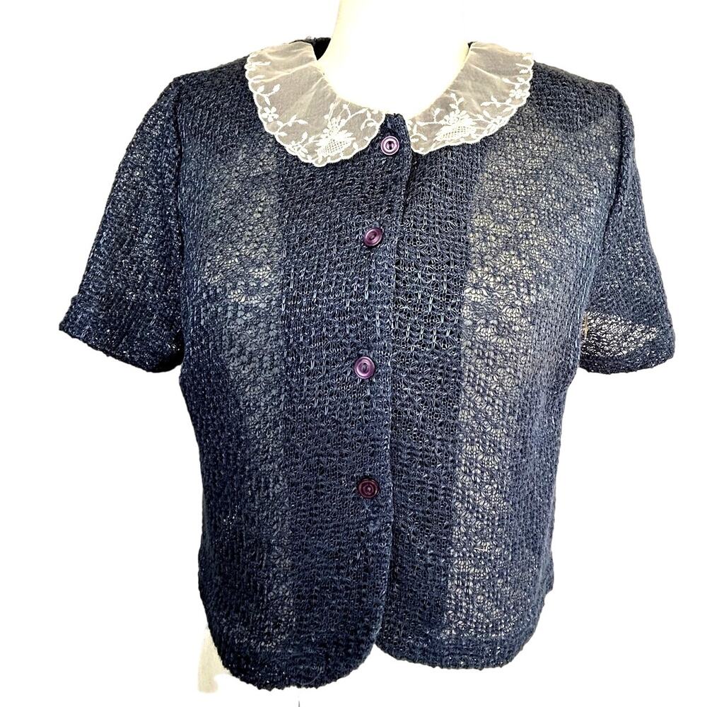 SKU2461 Vintage En Focus Studio Women's Medium Blue Lace Collar Crop Shirt